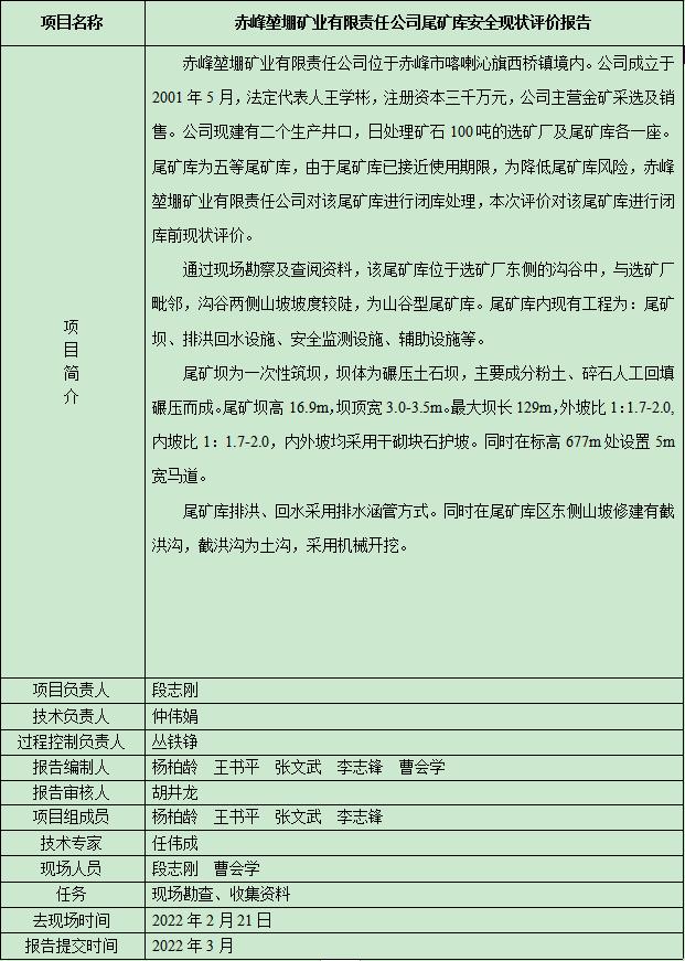 赤峰堃堋礦業(yè)有限責(zé)任公司尾礦庫(kù)安全現(xiàn)狀評(píng)價(jià)報(bào)告