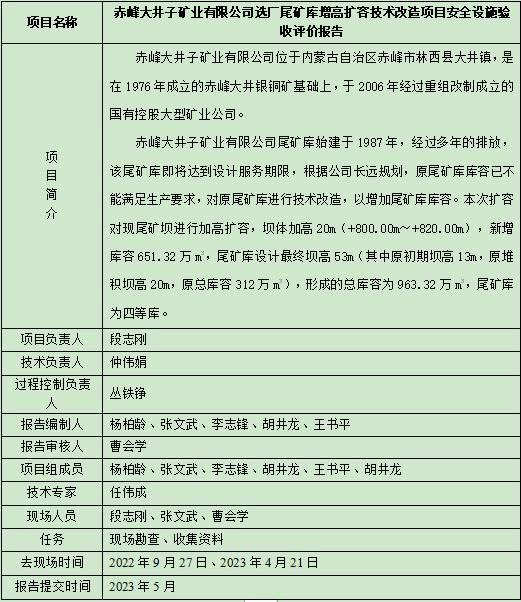 赤峰大井子礦業(yè)有限公司選廠尾礦庫增高擴容技術(shù)改造項目安全設(shè)施驗收評價報告